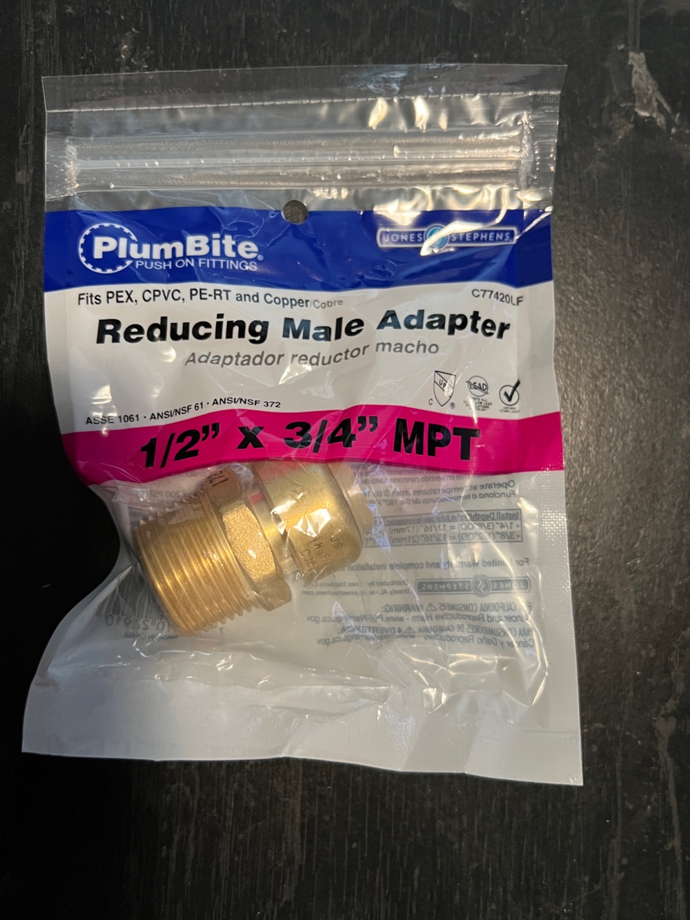 PlumBite Reducing Male Adapter - Brass with Pink & Blue Packaging
